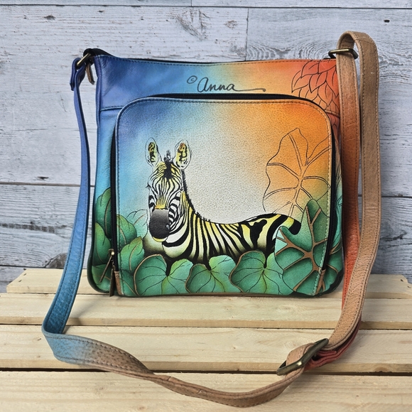 Anuschka Handbags - Anna by Anuschka Handpainted Leather Medium Organizer Crossbody Bag Zebra Safari